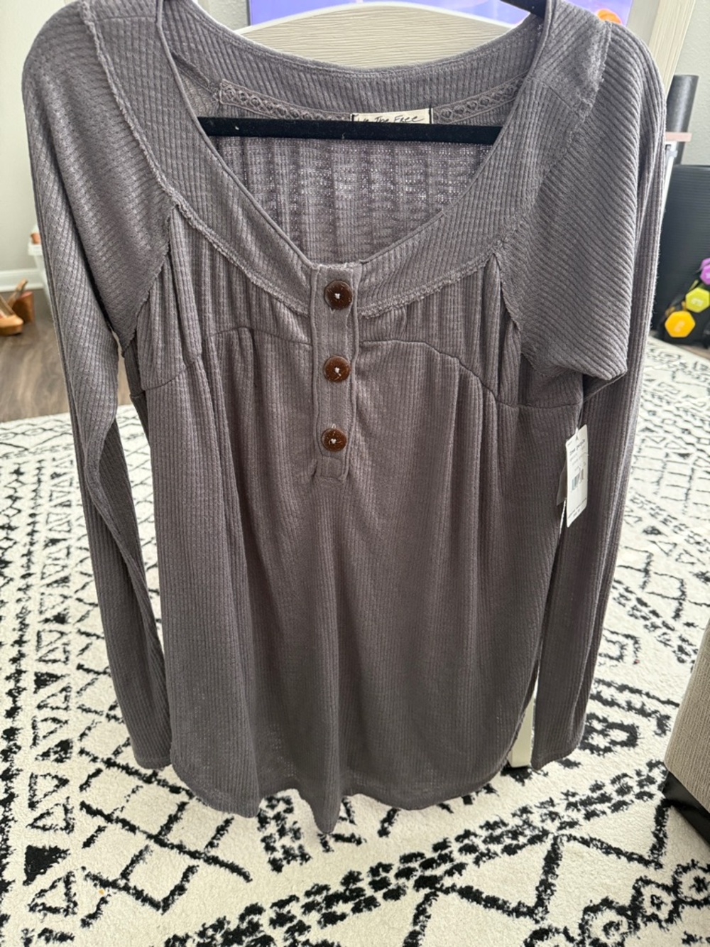 Free People Ribbed Henley Long Sleeve Top in Taupe Gray